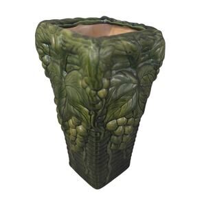 Vintage Green Majolica Grapes Art Pottery Umbrella Stand Cane Holder Large